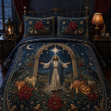 Gothic Arch Jesus Open Arms Raven Pumpkin Quilted 3‑Piece Bedding Set