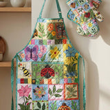 Plants And Insects Quilted Apron Set (2-Piece) – Padded Apron + Heat-Resistant Oven Mitts