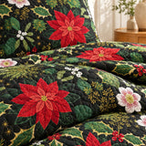 Poinsettia Holly Christmas Quilted 3-Piece Bedding Set