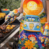 Hippie Van Quilted Apron Set (2-Piece) – Padded Apron + Heat-Resistant Oven Mitts