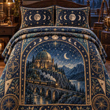 Gothic Fantasy Castle Dragon Star Moon Heraldic Emblem Quilted 3‑Piece Bedding Set
