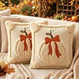Halloween Fall Pumpkin Bow Plush Embroidered Throw Pillow Cover