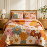 Vintage Large Daisy Floral Warm Tones Patchwork Quilted 3‑Piece Bedding Set