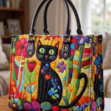 Black Cat Quilted Leather Strap Bible Handbag