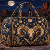 Dark Boho Ram Skull Night Sky Star Moon Quilted Duffle Bag