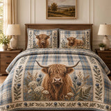 Vintage Highland Cow Blue Thistle Scottish Tartan Quilted 3-Piece Bedding Set