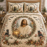 Wreath Frame Jesus Black Cat Bat Vintage Holiday Quilted 3‑Piece Bedding Set