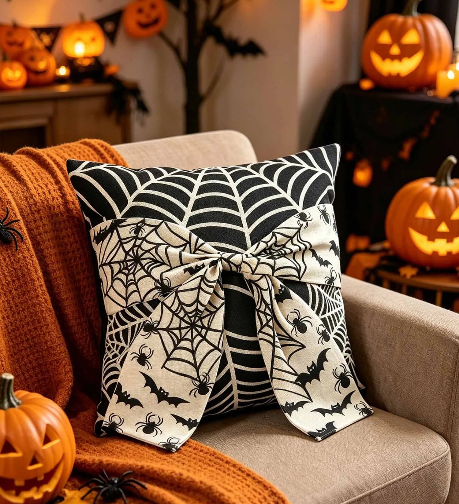 Halloween Spider Web Bow Pillow Cover