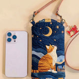 Moon And Cat Quilted Slim Phone Crossbody Bag