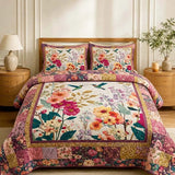 Patchwork Hummingbird Vintage Garden Floral Quilted 3‑Piece Bedding Set