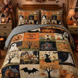 Trick or Treat Halloween Village Patchwork Quilted 3‑Piece Bedding Set