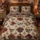 Skull Red Rose Vintage Floral Halloween Quilted 3‑Piece Bedding Set